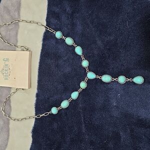 Rockin C Silvertone And Turquoise Drop Necklace